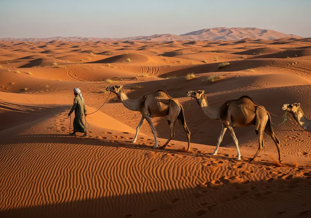 Handler-led camel caravan crossing red dunes near Al Qudra Dubai