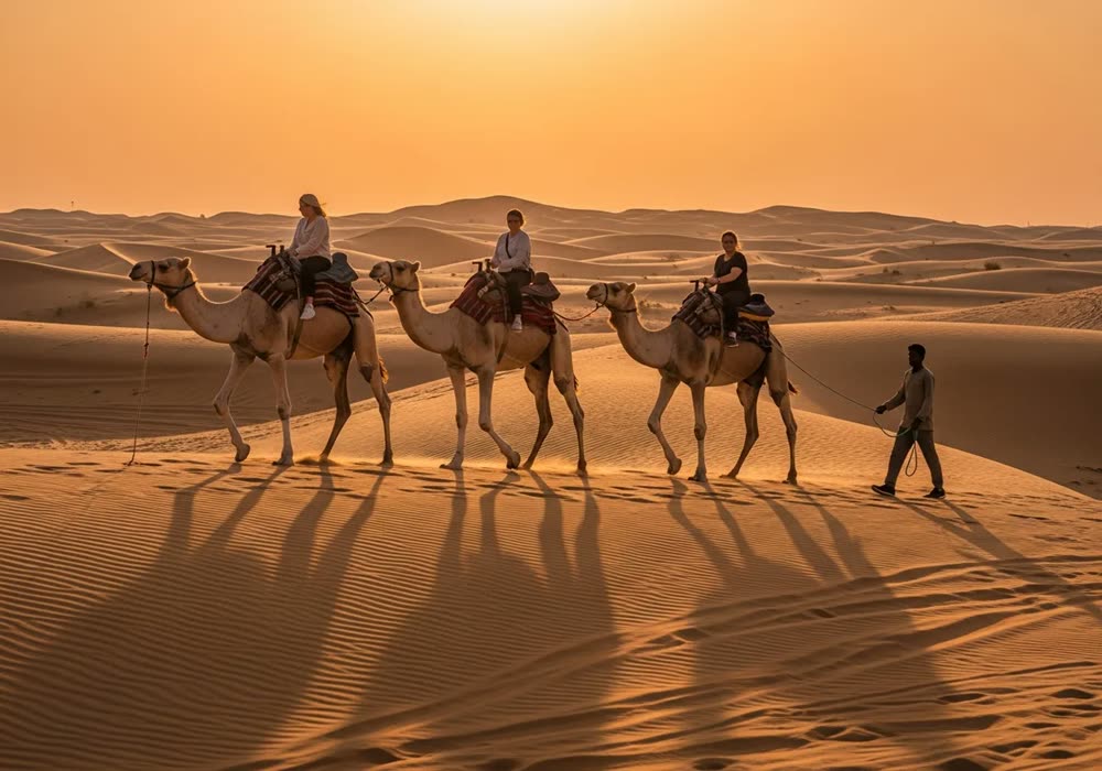 Riders on camel caravan at golden hour sunset in Dubai desert