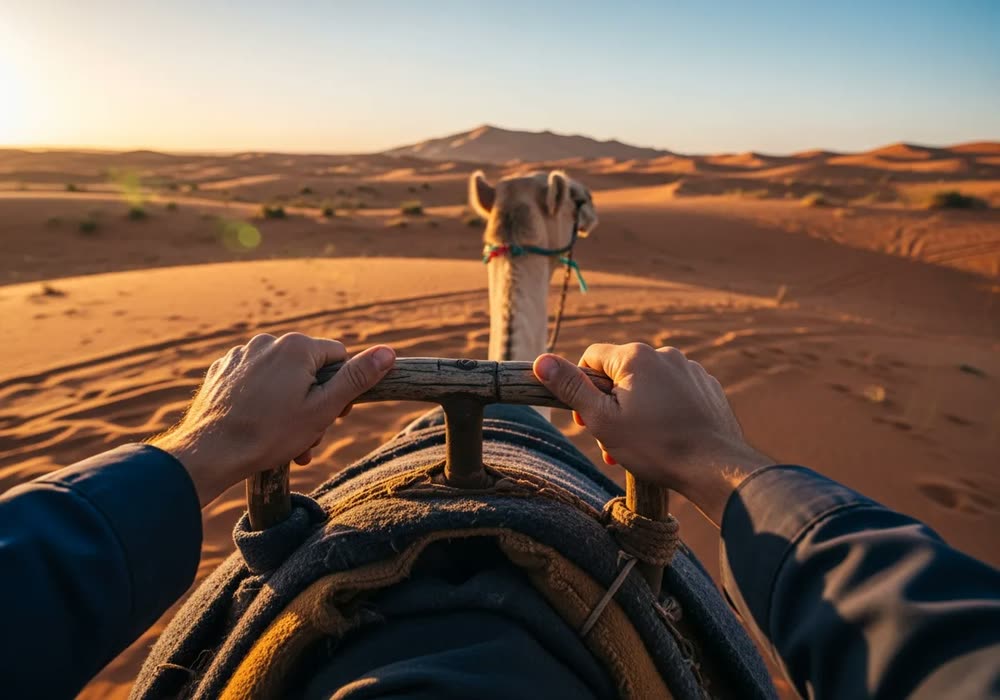 Rider point-of-view on camel saddle in Dubai desert for safari combo package