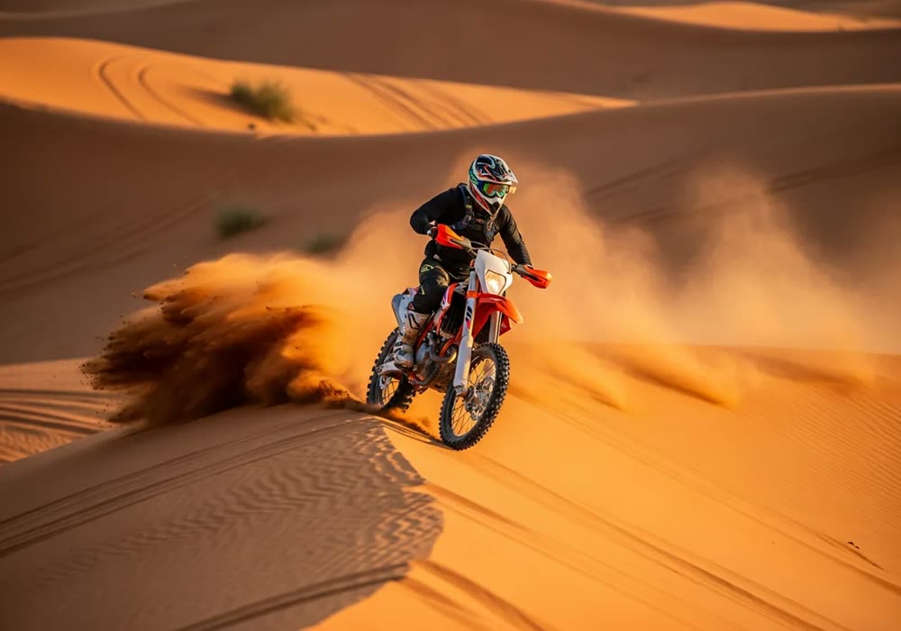 KTM Dirt Bike 450cc rider kicking up dust on a Dubai dune crest